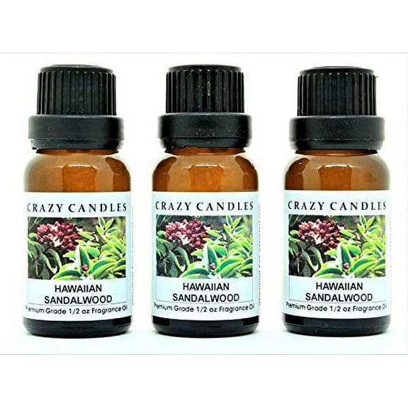 Crazy Candles Hawaiian Sandalwood (Made in USA) 3 Bottles 1/2 Fl Oz Each (15ml) Premium Grade Scented Fragrance Oil