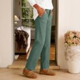 thumbnail image 6 of Women's Cotton Wide Leg Pants, Straight Solid Dressy Trousers with Pockets, Mid Elastic Waist Drawstring, Business Casual Lounge Wear for Summer, Womens Casual Pants | UKHCCC,Army Green L, 6 of 6