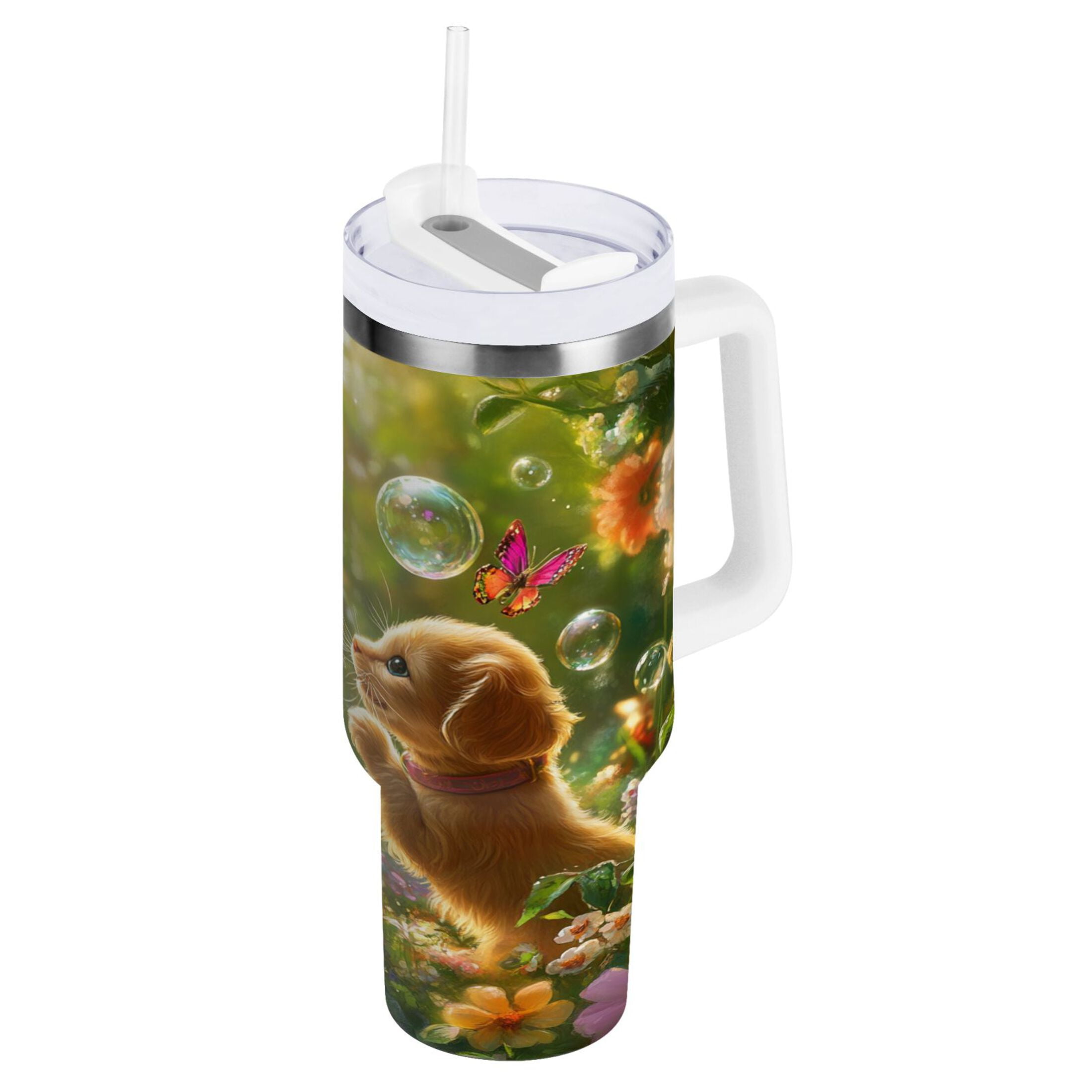 YAZAOO Tumbler 40oz Insulated Stainless Creative Kitten and Puppy with Butterflies Pattern Steel Water Bottles