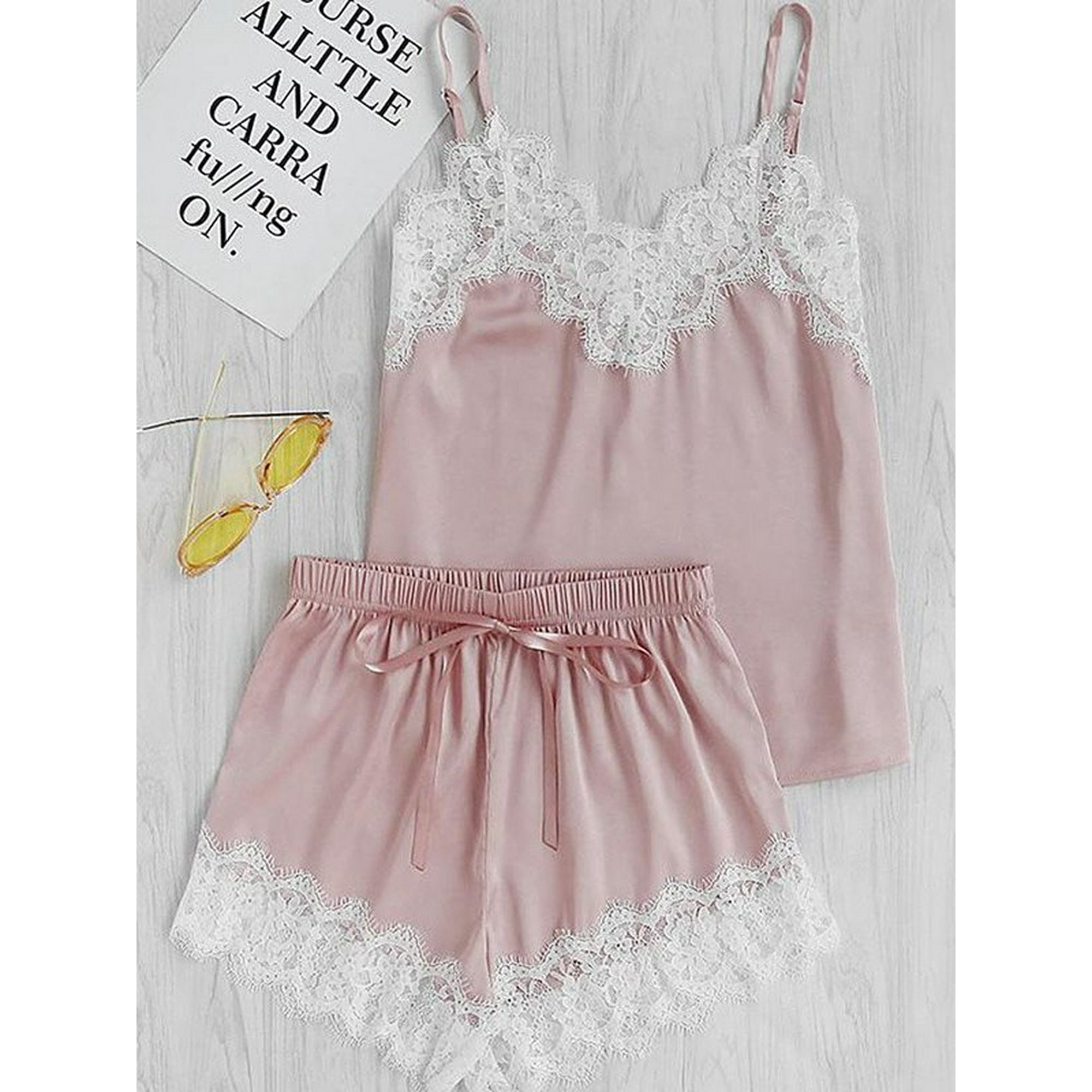 Lucoss Womens Sleeveless Pajama Sets Cotton Tank Top And Shorts Soft Lace Sleepwear Pink