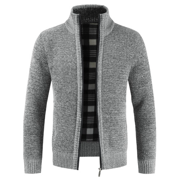 Lu's Chic Men's Long Sleeve Cardigan Sweater Knitted Thick Warm Fleece Lined Slim Fit Sweater Soft Cable Knit Zip Up Winter Knitwear with Pocket Business Casual Work Grey 38