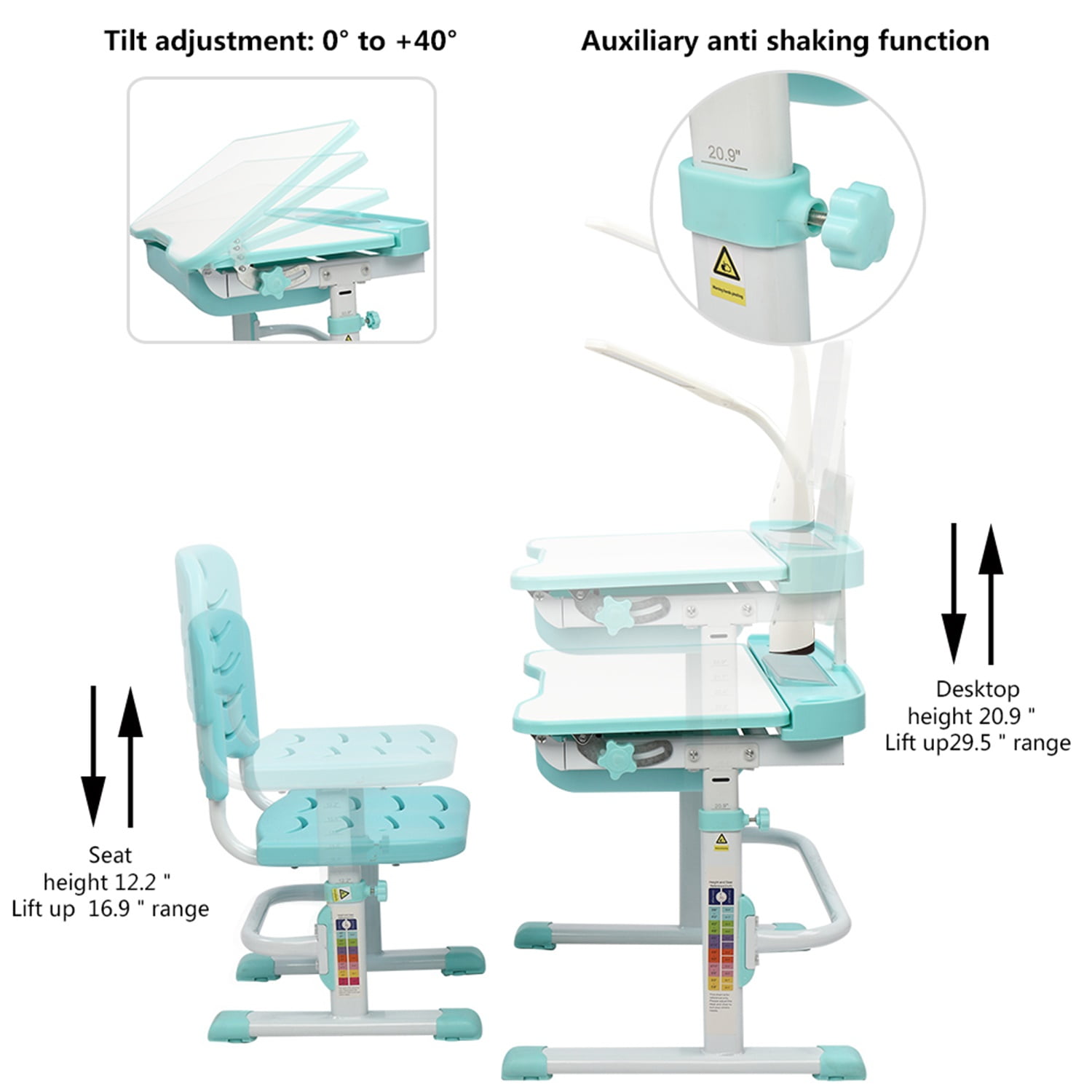 Kids Functional Desk and Chair Set, Children School Study Desk with Tilt Desktop, Bookstand, LED Light, Metal Hook and Drawer for Boys Girls (Blue) Kids Functional Desk and Chair Set, Children School Study Desk with Tilt Desktop, Bookstand, LED Light, Metal Hook and Drawer for Boys Girls (Blue)