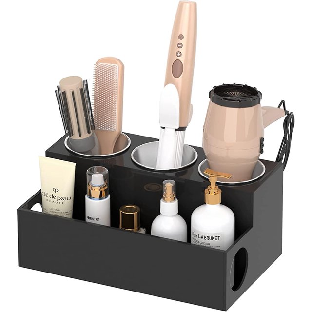 Soporte para secador de pelo Organizador de herramientas para el cabello, secador de pelo de acrílico negro y organizador de peinado, soporte para secador de pelo para encimera d