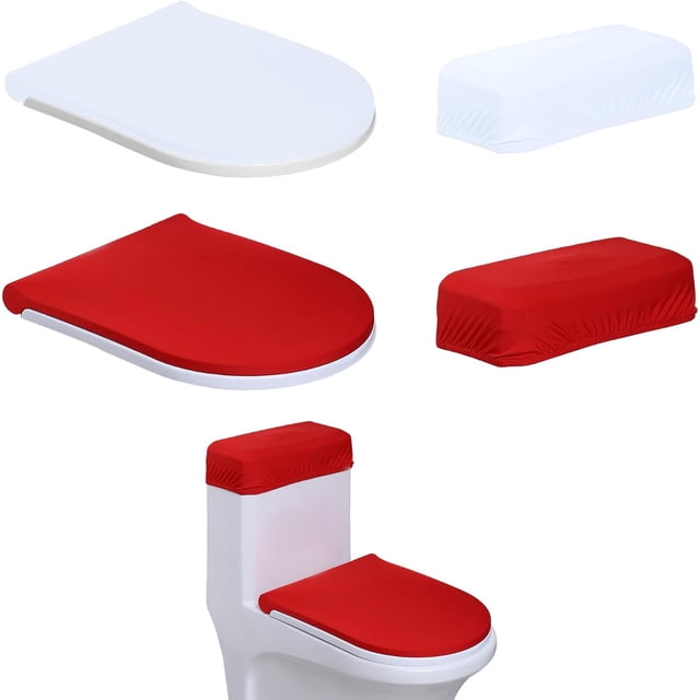 Juego de 2 tapas de inodoro y fundas de tanque, funda de tela a prueba de polvo para asiento de inodoro, parte inferior elástica, fácil de instalar, decoración de baño (blanco + rojo)