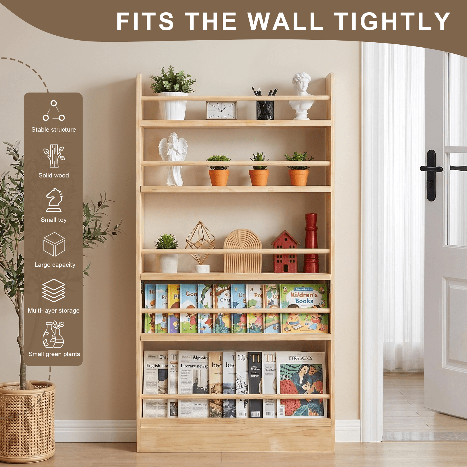Behind the Door Bookshelf 31.5x4x56.3 Inch Solid Wood 5-Shelf Narrow Storage for Living Room Bedroom Entryway
