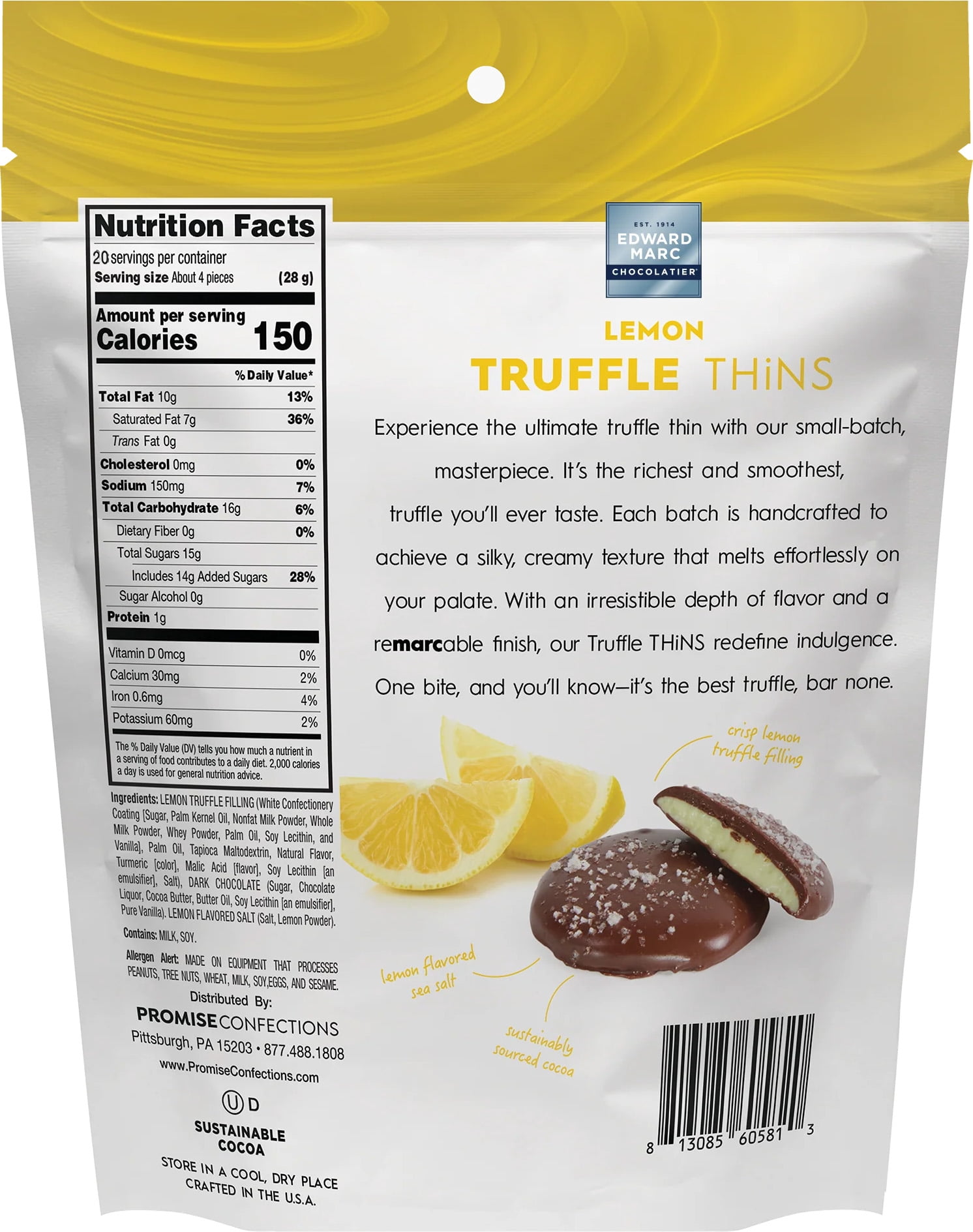 Edward Marc Chocolatier Lemon Truffle Thins, Dark Chocolate & Lemon Filled Crisps with Sea Salt, 20 oz Bag