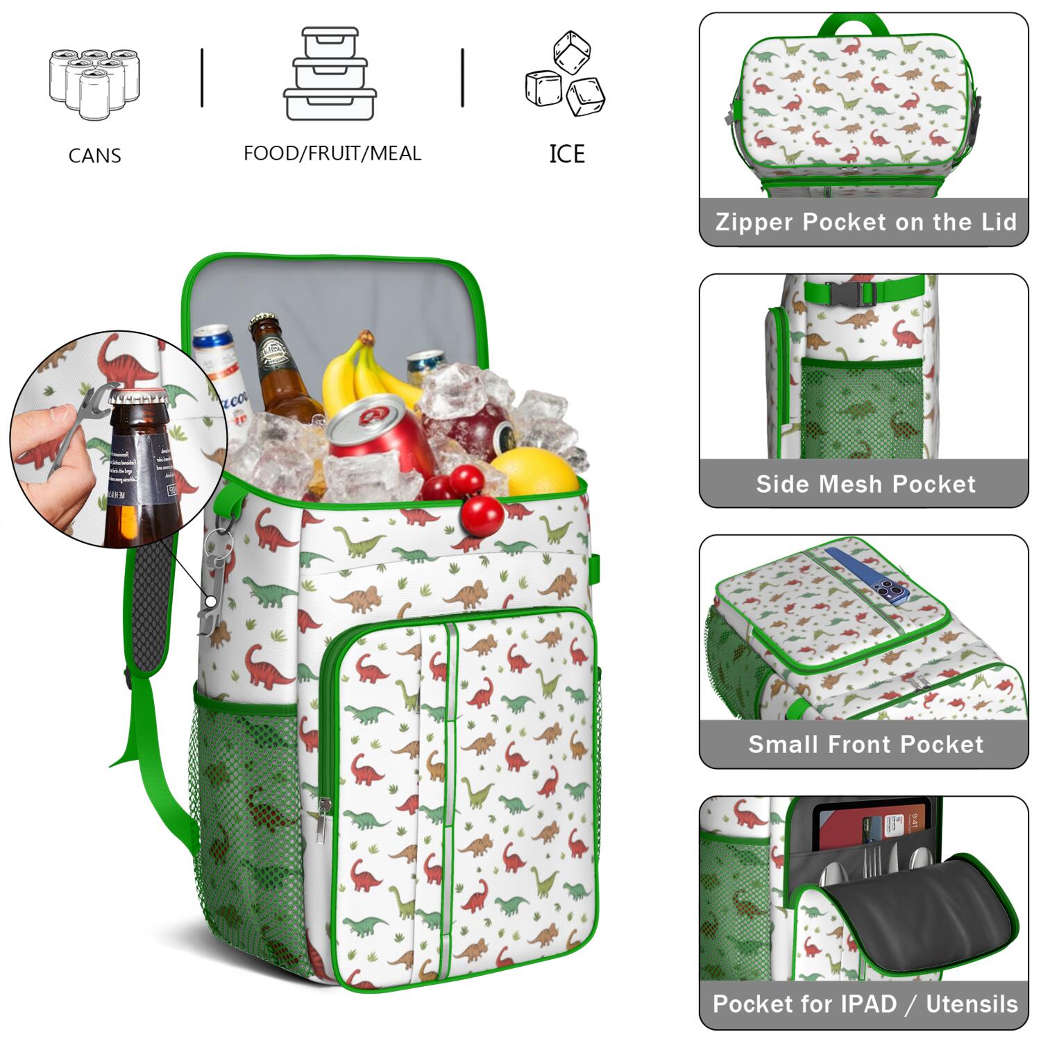 Travel Cooler Bag - White Cartoon Dinosaurs Leaves Pattern Camping Beer Cooler Backpack with Bottle Opener- Waterproof Insulated Picnic Backpacks - Cooler Bag for Beach