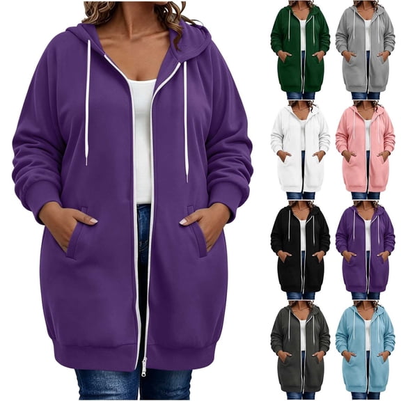 Womens Long Zip Up Hoodies Double Zipper Sweatshirt Jacket with Pockets Plus Size Casual Fall Outerwear Coat, Purple XXL