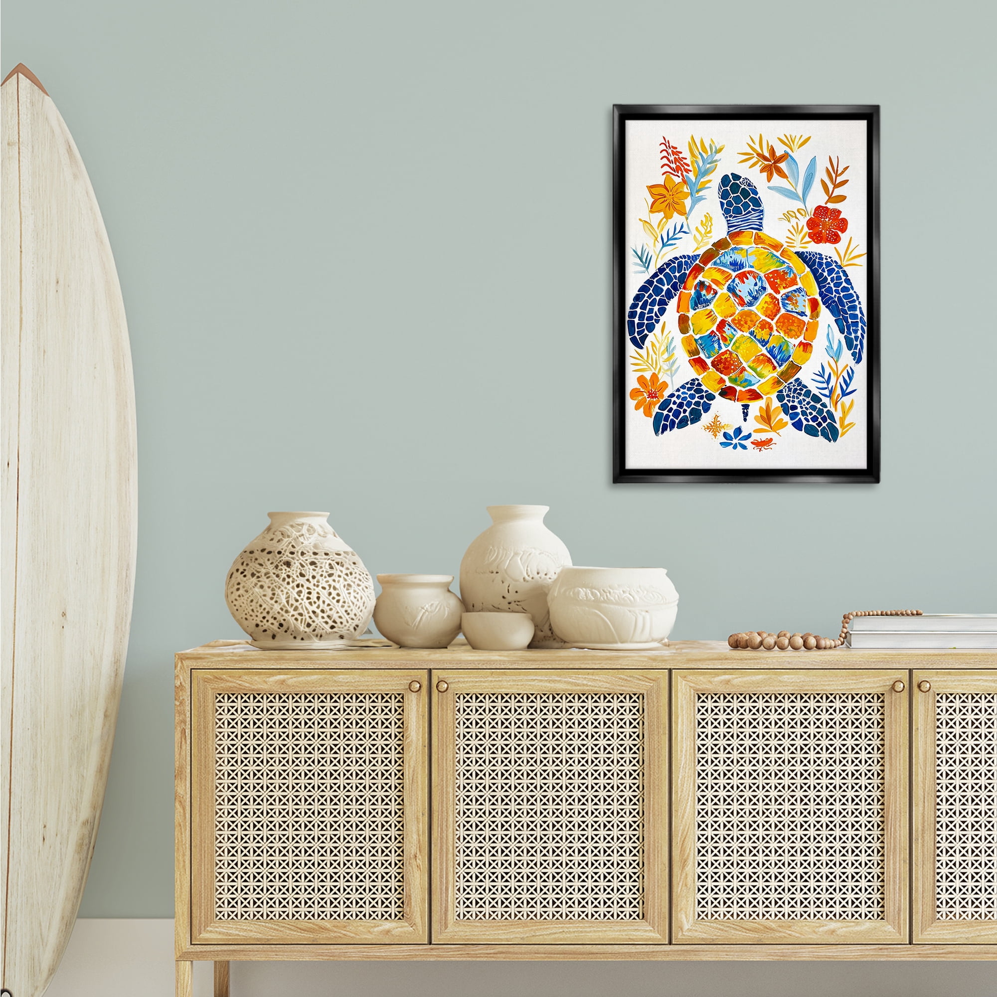 Stupell Industries Nautical Patterned Turtle Coastal Painting Black Floater Framed Canvas Art Print Wall Art, 21 x 31