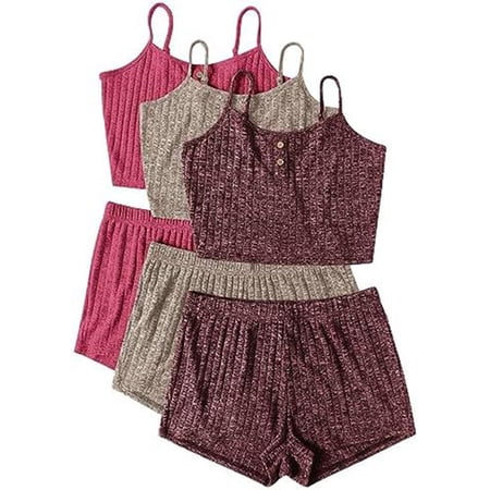 Womens 3 Sets Ribbed Pajamas Set Sleeveless Crop Top And Tie Front Shorts Set Sleepwear Loungewear