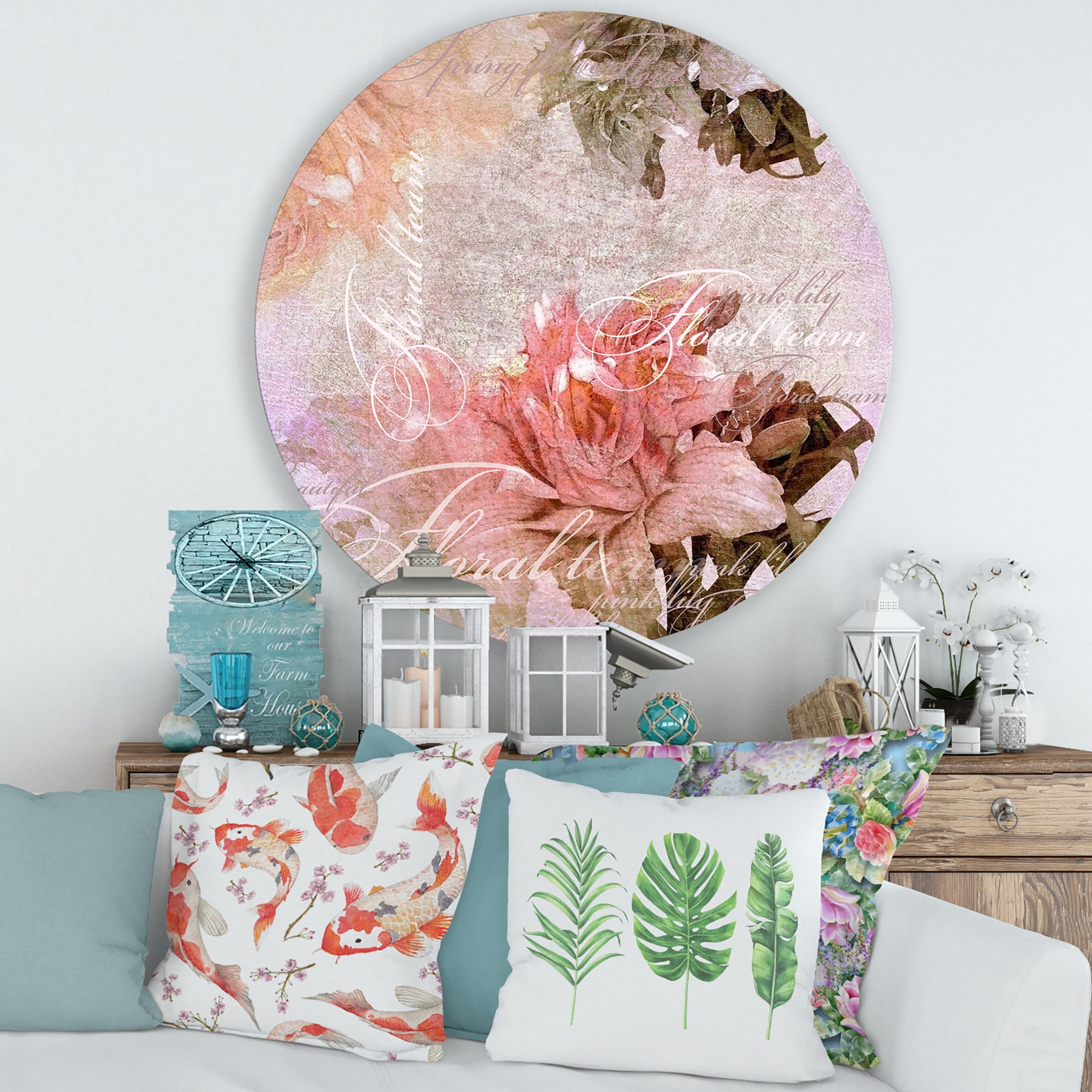 Designart 'Flowers Vintage In Pastel Colours' Traditional Circle Metal Wall Art 36x36 - Disc of 36