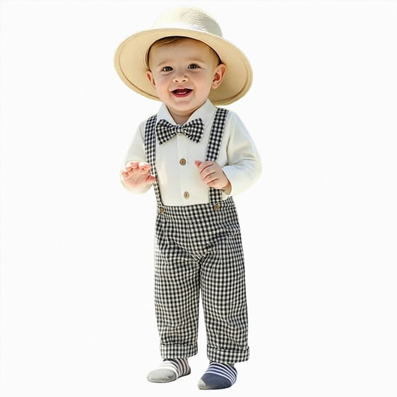 Infant Baby Boys 2 Piece Formal Fall Outfit, Long Sleeve Shirt Gingham Suspender Pants Gentle Suit For Wedding First Birthday Party for 3 6 9 12 18 Months,Black,12-18 Months