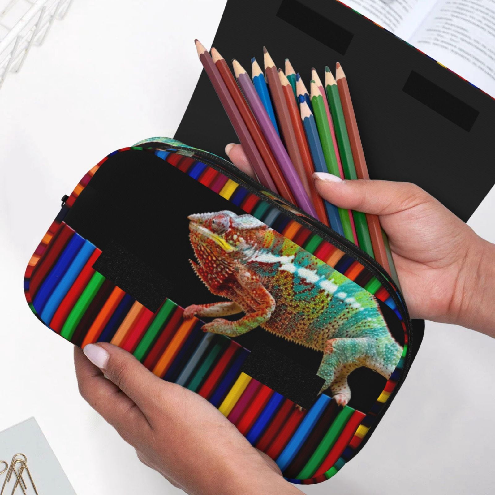 Kdxio Chameleon Panther On Colored Pencils for Double Compartment Pen Case Oxford Organizer with Zipper Pockets for Students Artists