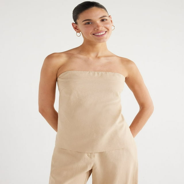 CHUANK Women‘s Strapless Linen Blend Top with Detachable Straps Sizes XS-XXL