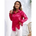 thumbnail image 4 of Blusas de Satén para Mujer, Camisas de Seda con Botones, Blusas Informales de Larga para Negocios Rosa Roja XL, 4 of 7