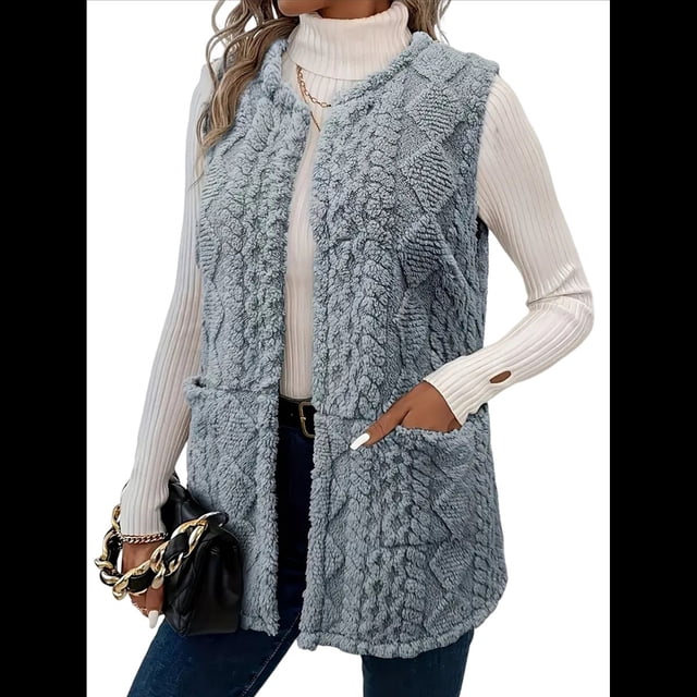 Chaleco de Peluche para Mujer, Cómodo Cárdigan Sin Mangas con Cremallera y Bolsillos Azul L