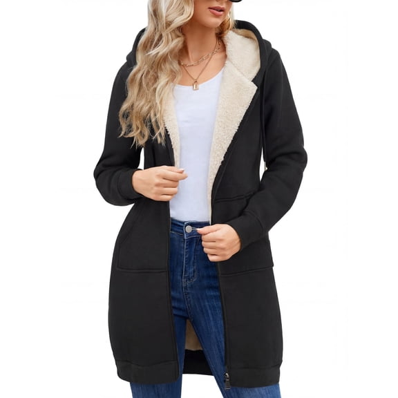 LVWQ Women's Long Sherpa Lined Hoodie Jacket Full Zip Fleece Sweatshirt Warm Hooded Coat with Pockets Winter Casual Tunic Outerwear
