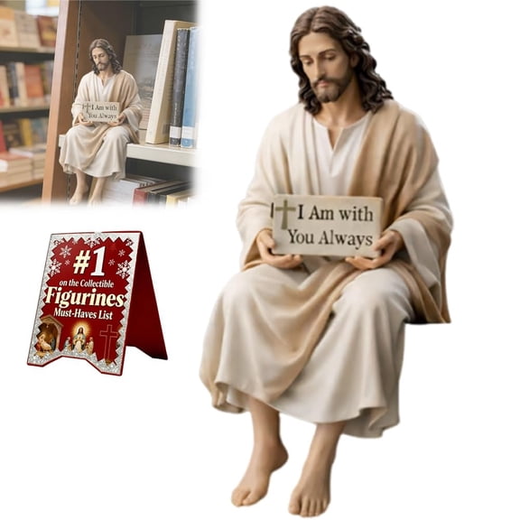 Jesus Resin Desk Companion Figurine - Handmade Sitting Statue with "I Am with You Always" Sign, 2.5 Inch Religious Decor for Car Dashboard, Home Office & Tabletop Display