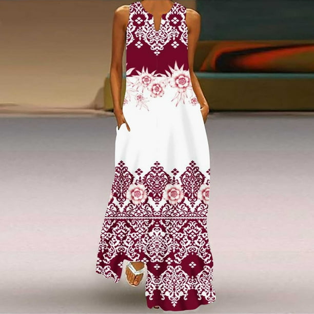 ICHUANYI Clearance Women's Fashion Sexy Vintage V Neck Sleeveless Pocket Printed Beach Party Dresses(Wine, XXL) ICHUANYI WER2023081013102