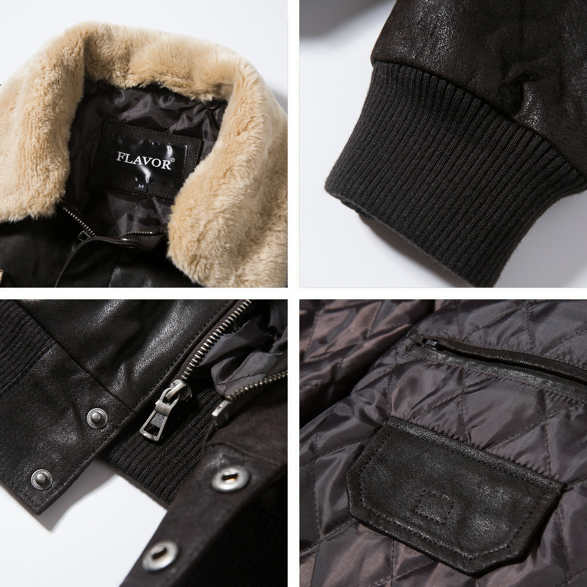 FLAVOR Men's Real Leather Bomber Jacket with Removable Collar Aviator (S, Dark Brown)