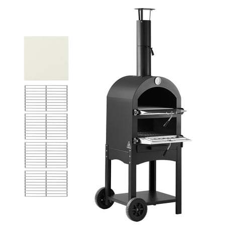 KFFKFF Outdoor Pizza Oven, 12" Pellet-Fueled Cooking Appliance, Dual-Layer Design with Wood-Fired Functionality, Portable Pizza Oven Featuring Removable Wheels