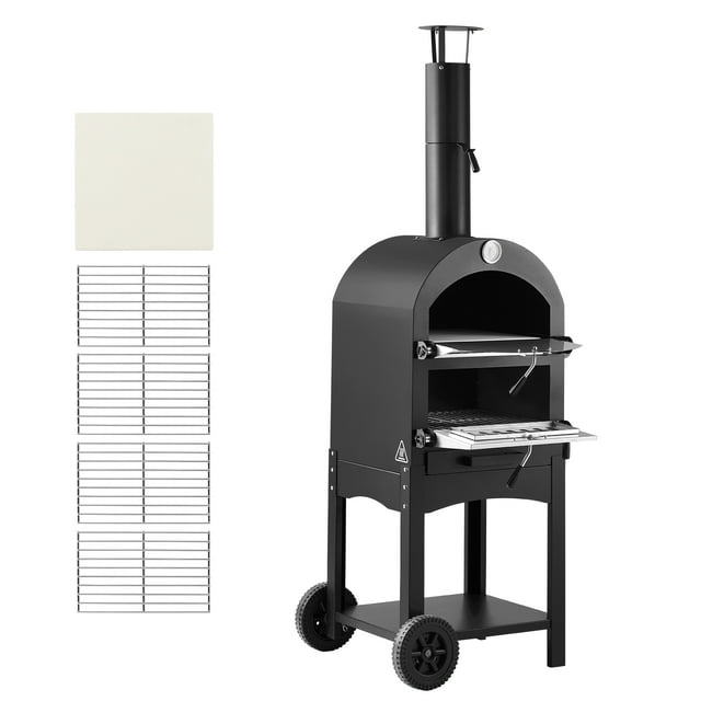 KFFKFF Outdoor Pizza Oven, 12" Pellet Fire Ovens, 2-Layer Pizza Oven Wood Fired, Wood Burning Outdoor Pizza-Oven with 2 Removable Wheels