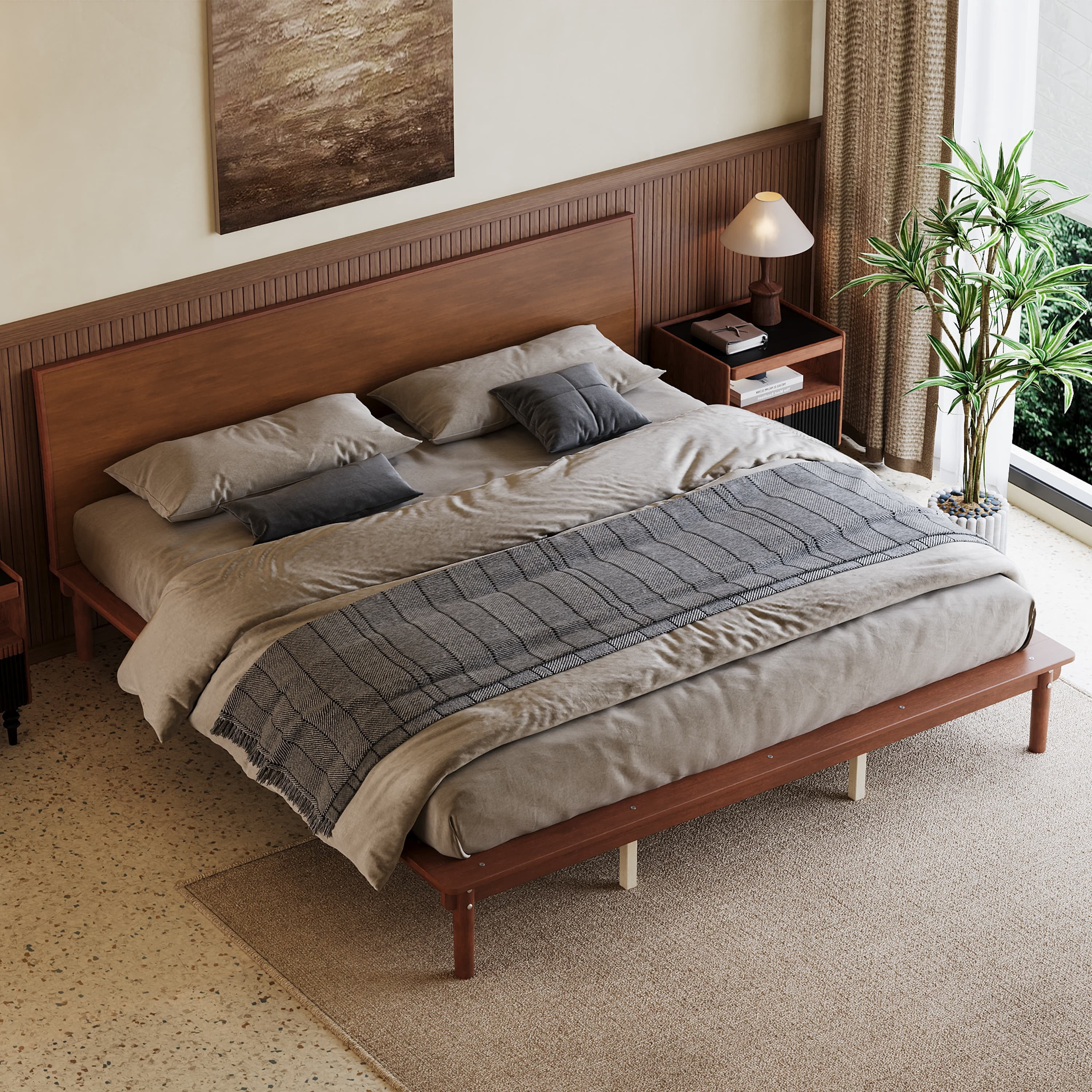 Euroco Wood Mid-Century King Bed, Low Profile Platform Bed Frame with Subtly Angled Headboard, Widened Side Rails, No Box Spring Needed, Natural