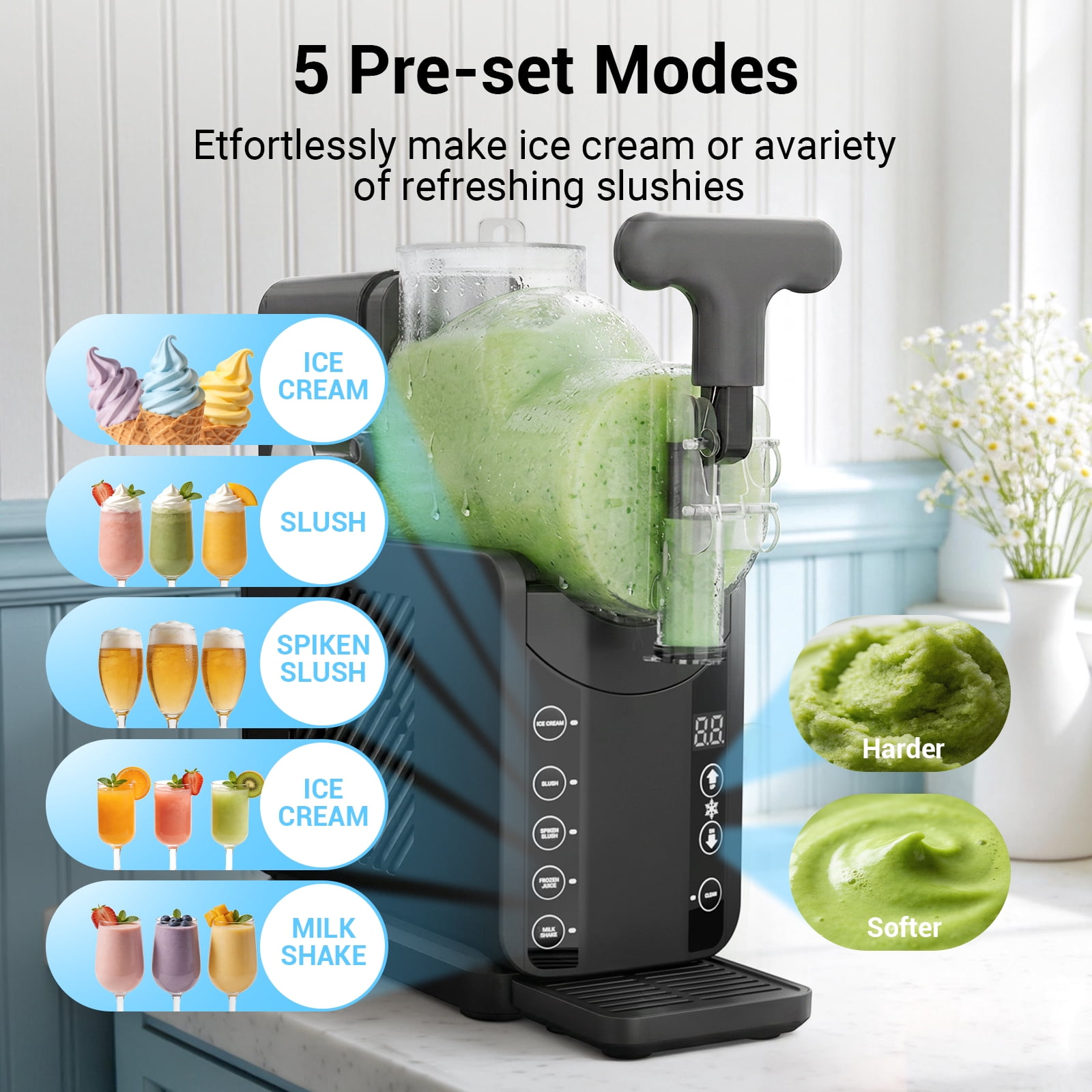 Ecojoy Slushie Machines, 85oz 5-in-1 Frozen Drink & Ice Cream Maker with LED Display, Adjustable Hardness, Easy Clean, Large Capacity