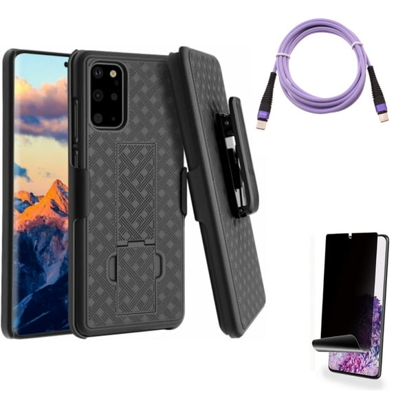 Privacy Screen Protector w Case Belt Clip w Purple 6ft PD Cable for Samsung Galaxy S20 Plus - TPU Film [NOT GLASS] [Fingerprint Works], Holster Swivel Cover, Type-C to USB-C Long fits Galaxy S20 Plus