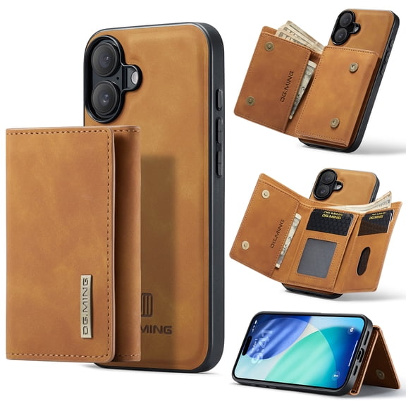2 in 1 Wallet Case for iPhone 17, Retro PU Leather Cell Phone Back Cover Magnetic Detachable with Wallet Credit Card Cash Holder Kickstand for iPhone 17, Brown