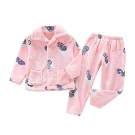 

Toddler Kids Baby Boys and Girls Autumn and Winter Fleece Sleepwear Outfits Cute Cartoon Print Flannel Lapel Button Top Pants Pajamas Children s Casual Warm Home Wear