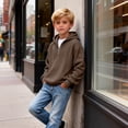 thumbnail image 3 of GUZOM Kids Boys Casual Waffle Knit Half Zip Hoodie Long Sleeve Pullover Sweatshirt Soft Cotton Blend Relaxed Fit with Pocket Brown,Size 4 T, 3 of 7