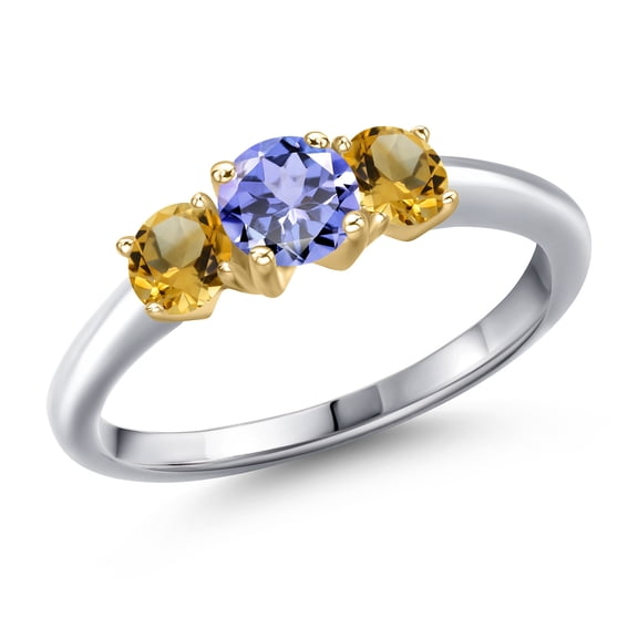 Gem Stone King 925 Silver and 10K Yellow Gold Blue Tanzanite and Yellow Citrine Engagement Ring for Women | 0.97 Cttw | Round 5MM | Gemstone December Birthstone | Size 8