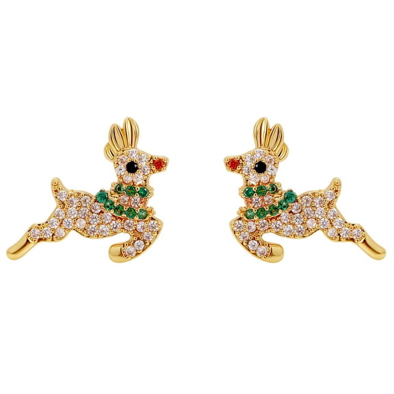 Christmas Reindeer Earrings Womens Flying Deer 14KT Gold Plated Stud CZ Ginger Lyne Collection