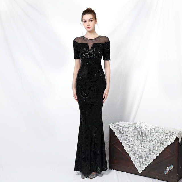 Elegante vestido de noche con cola de pez y manga larga con lentejuelas y estilo astrológico
