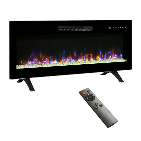 Indoor Fireplaces 42 inch recessed ultra thin tempered glass front wall mounted electric fireplace with remote and multi color flame & emberbed, LED light heater,Electric Indoor Fireplaces