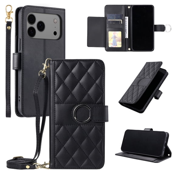 for iPhone 17 Pro Max PU Leather TPU Wallet Flip Case with Shoulder Wrist Strap, Credit Card Slots & Cash Slot Kickstand Luxury Shockproof Full Body Protection Magnetic Phone Case, Black