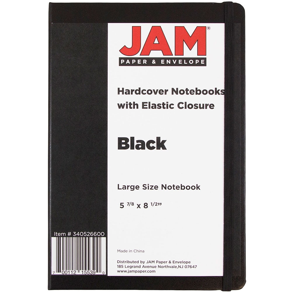JAM Hardcover Notebook with Elastic Band, 1/Pack, Black, Large, 5 7/8 x 8 1/2, 100 Lined Sheets
