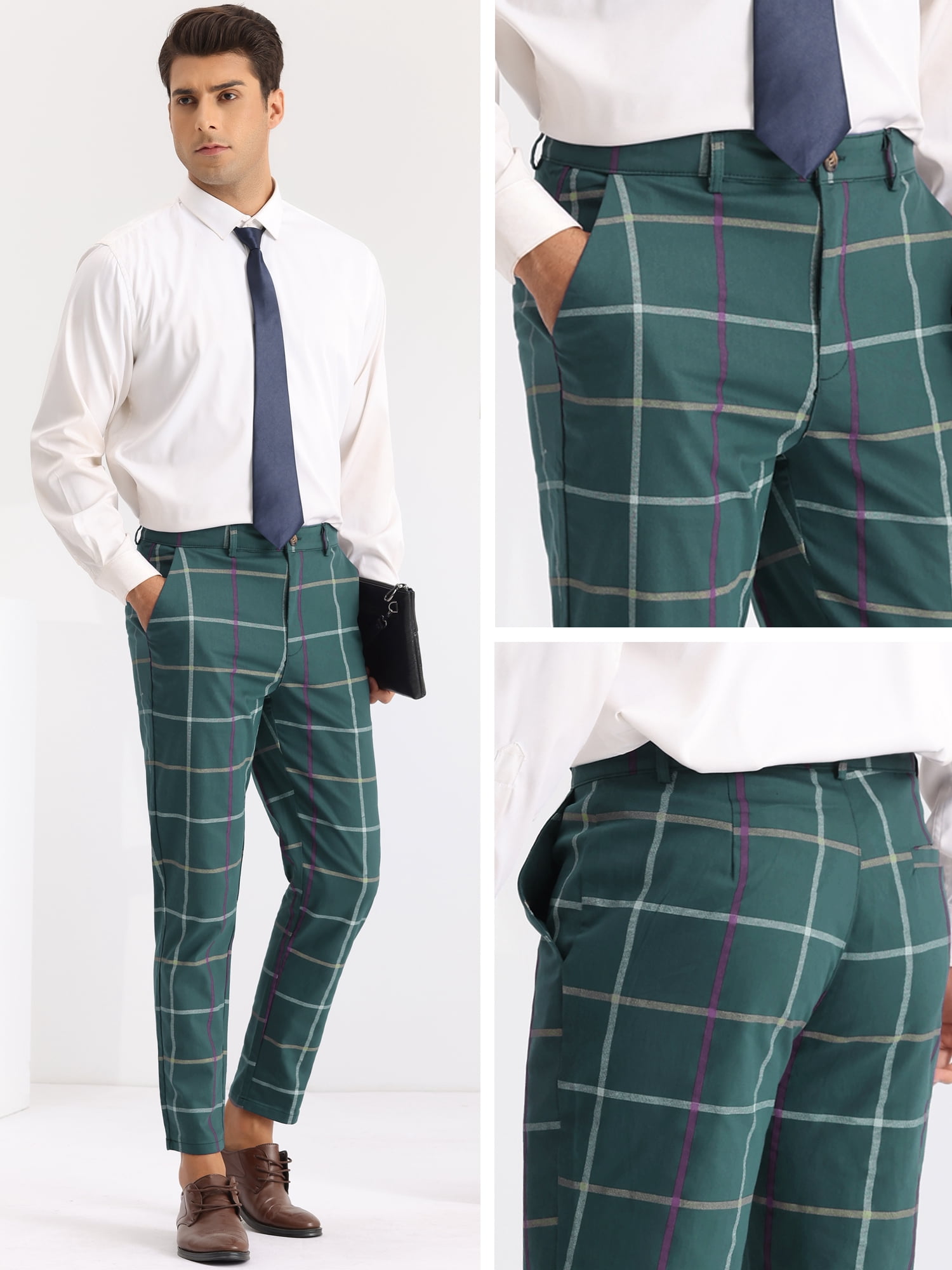 Unique Bargains Men's Plaid Tapered Pants Zipper Flat Front Formal Dress Pants 28 Green
