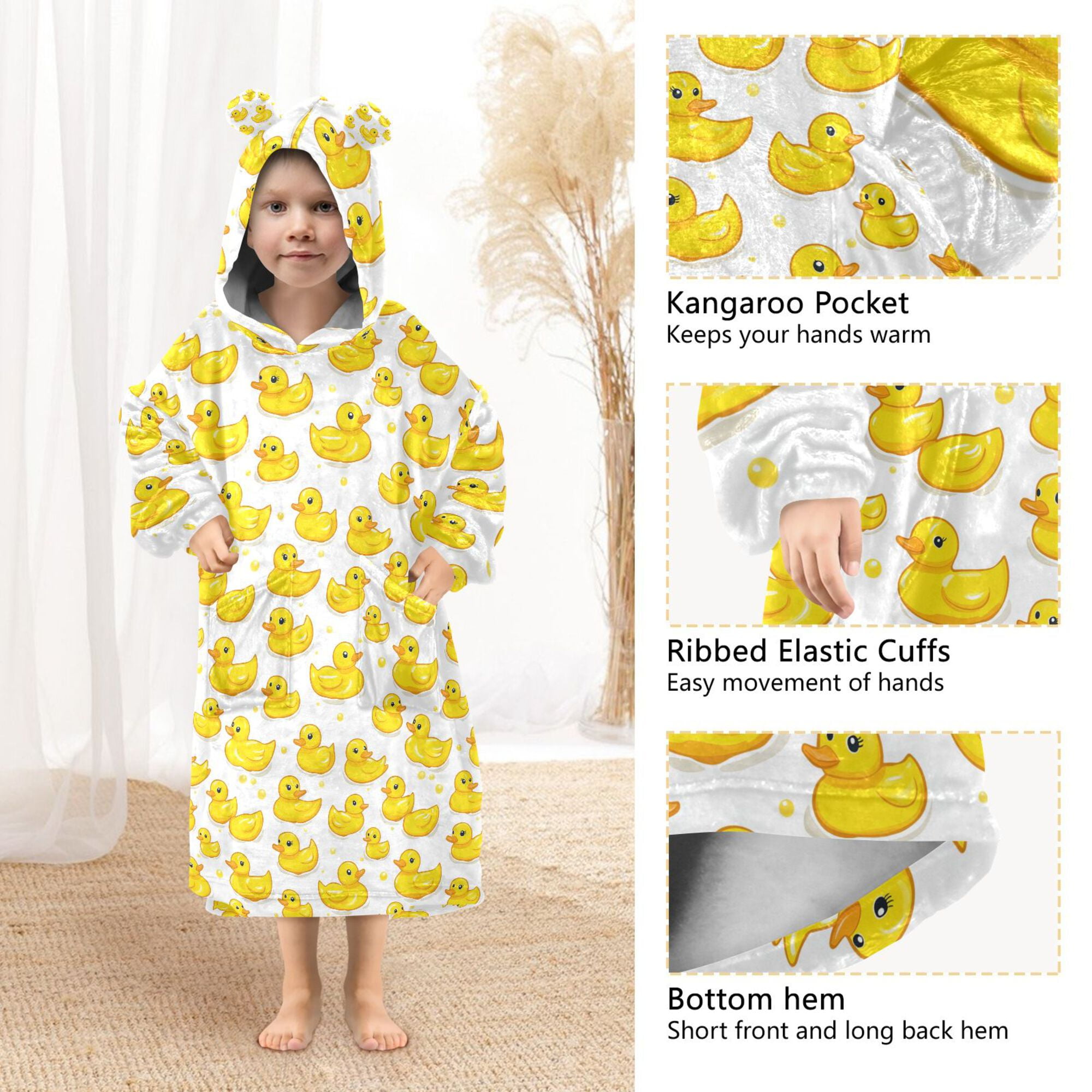 FORMRS Wearable Blanket Hoodie with Sleeves for Kids Cozy Flannel Sweatshirt, Yellow Rubber Ducks