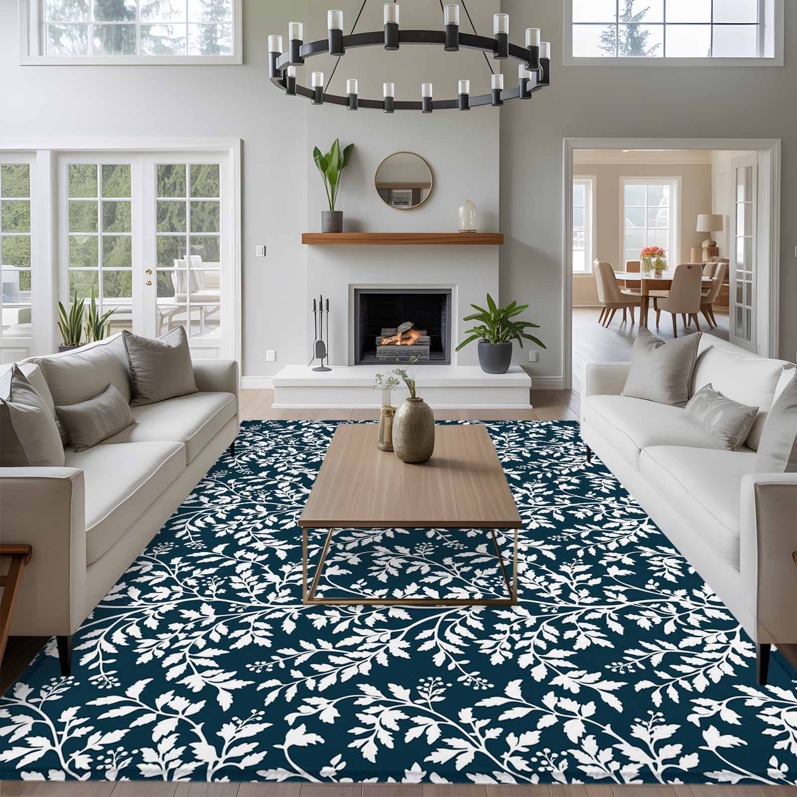 5'x7' Area Rugs for Living Room Bedroom, Navy Blue Spring Floral Washable Rug Carpet Runner Indoor Outdoor, Farmhouse Flowers Elegant Pastoral Non Slip Floor Mats Area Rug for Kitchen, Nursery