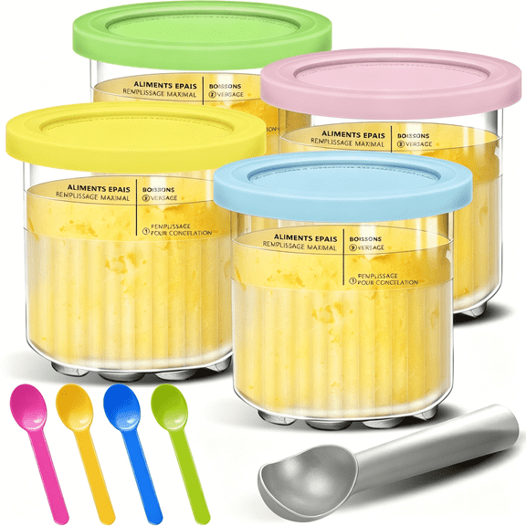 Oudizz 4 Pack 24 oz Creami Pints and Lids for Ninja Deluxe NC501 NC500 Series, Replacement Ice Cream Containers for NC501 NC500 Creami Deluxe 11-in-1 Maker, BPA Free, Dishwasher Safe, with 5 Spoons