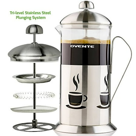 French Press Steel Ovente French Press Cafetière Coffee and Tea Maker, High-Grade Stainless Steel, Nickel Brushed, Heat-Resistant Borosilicate Glass, 34 oz (1005 ml), 8-cup, Classy Café Design, FREE Measuring Scoop ()