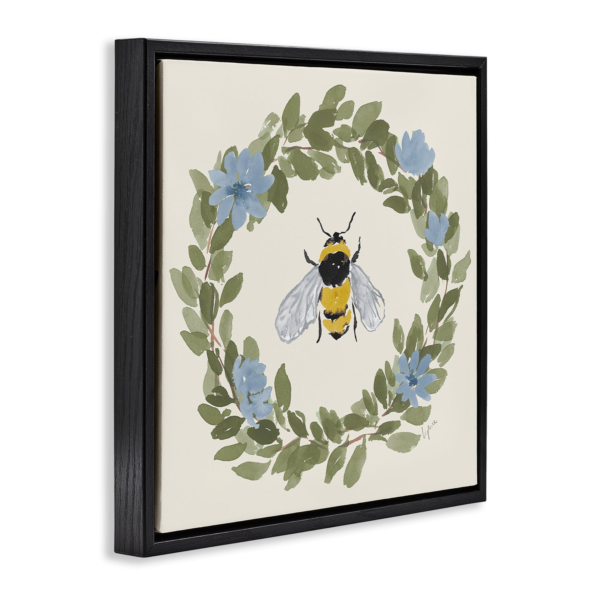 Stupell Industries Floral Wreath Bee Celebration Black Framed Floater Canvas Wall Art, design by Lucille Price