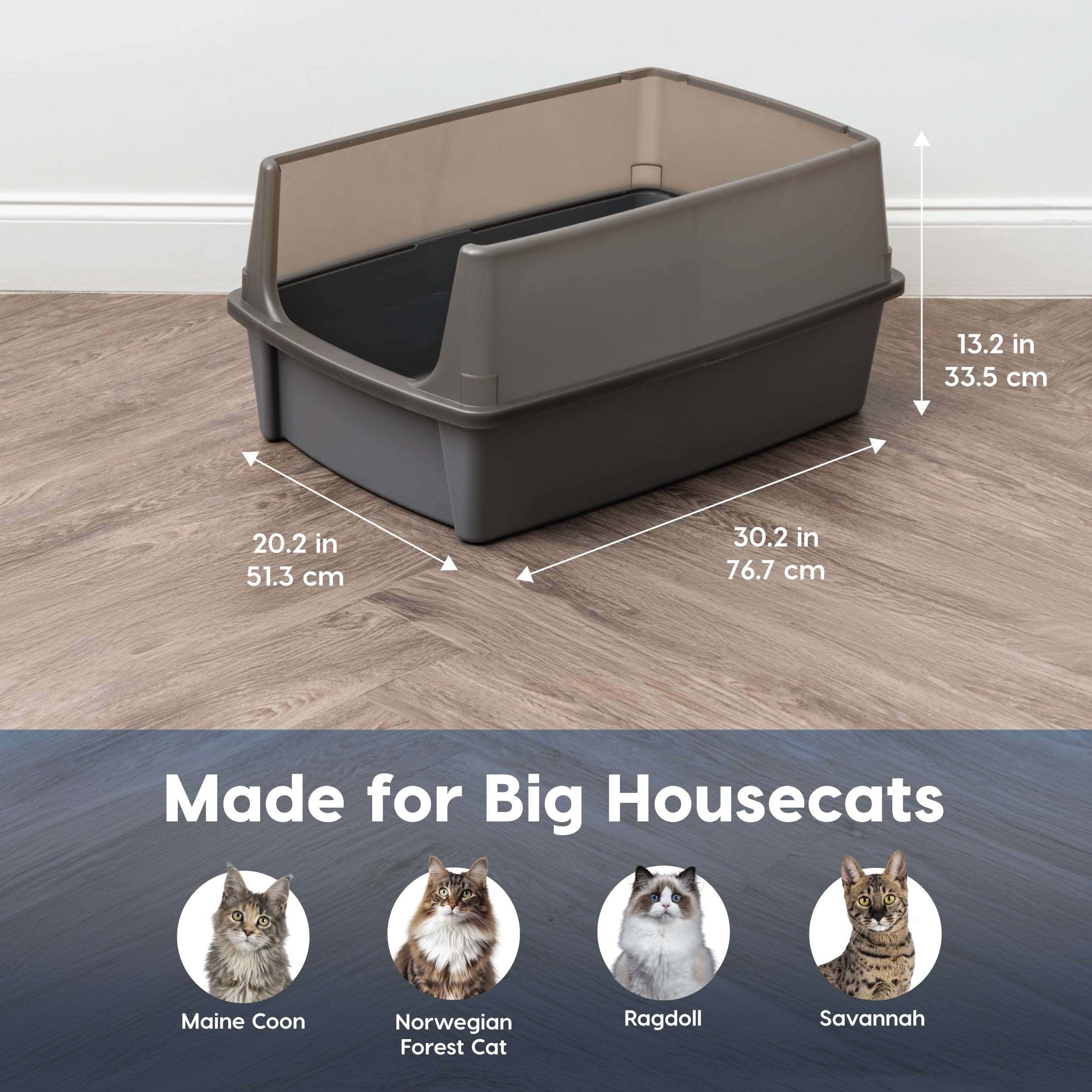 IRIS Extra Large Open Top Cat Litter Box with Scatter Shield, Sturdy Open Air Kitty Litter Pan with Tall Spray, Gray