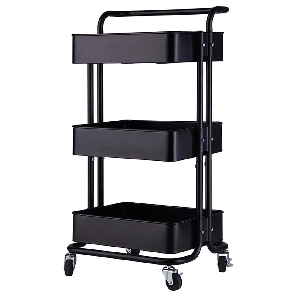 Siamrose 3-Tier Rolling Cart Kitchen Utility Microwave Cart with Wheels Rolling Storage Cart Metal Flat Top Utility Cart Heavy Duty Service Cart Supports 200 lbs Dark Brown 