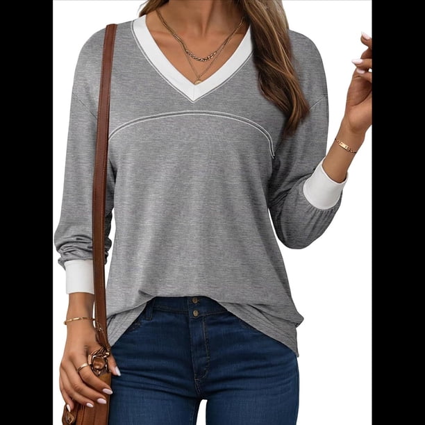 Blusas de Larga para Mujer, Blusas de Otoño, Camisetas Informales de Cuello en V Suaves y de Gran Tamaño, Ropa de Moda, Conjuntos Gris M