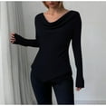 thumbnail image 2 of UTSJKR Womens Bell Long Sleeve Shirts Casual Cowl Neck Asymmetrical Slim Fit Crop Tops Y2K Going Out Spring Clothes Black M, 2 of 4