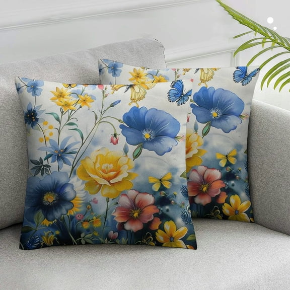 JRXY Blue Yellow Flowers Throw Pillow Cover Set of 2 Poppy Floral Square Decorative Cushion Covers Rustic Wildfloral Pillowcase for Couch Sofa Bedroom Car White