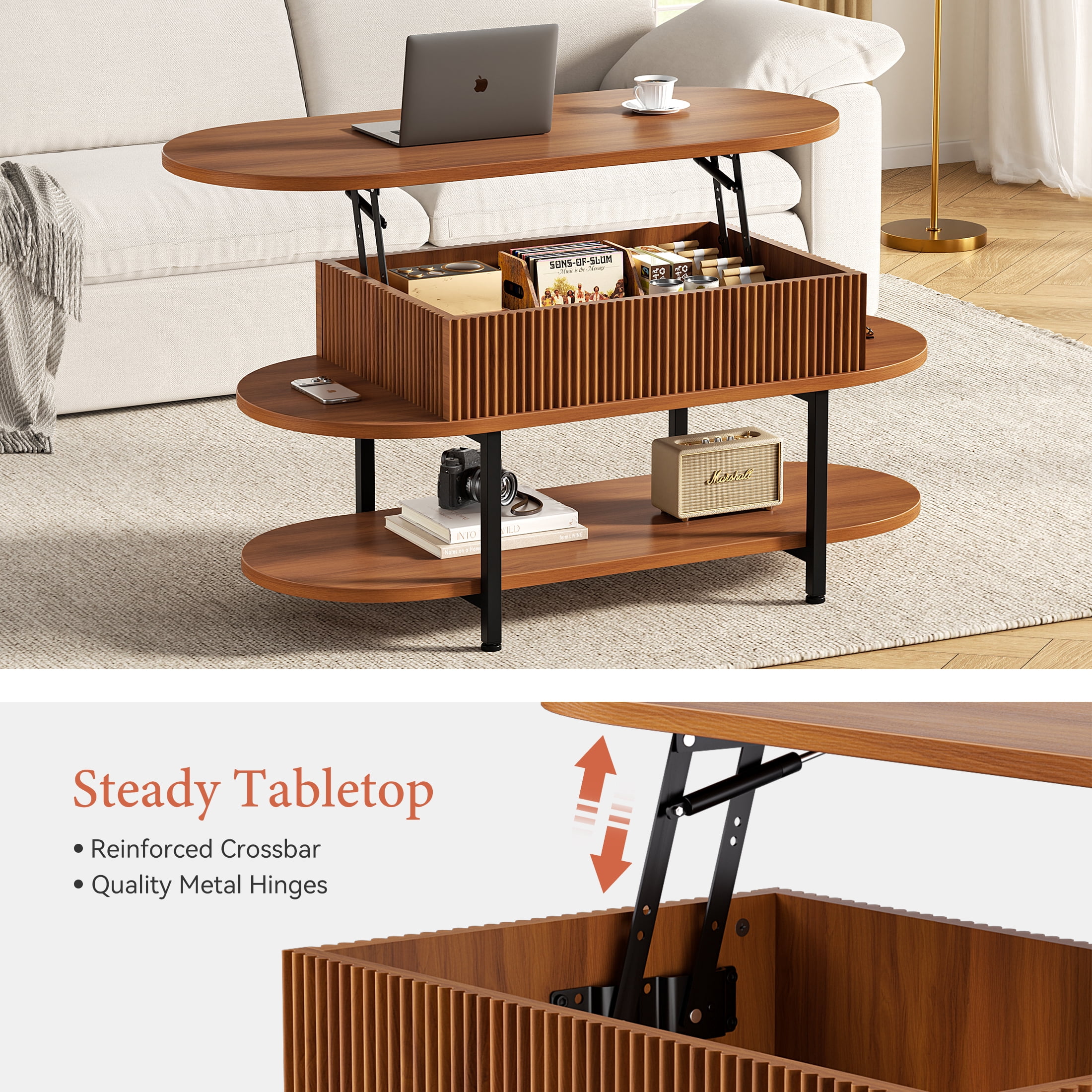 GUNAITO Lift Top Coffee Table with Storage, Modern Farmhouse Center Table with Shelf 3 Tier for Living Room, Walnut